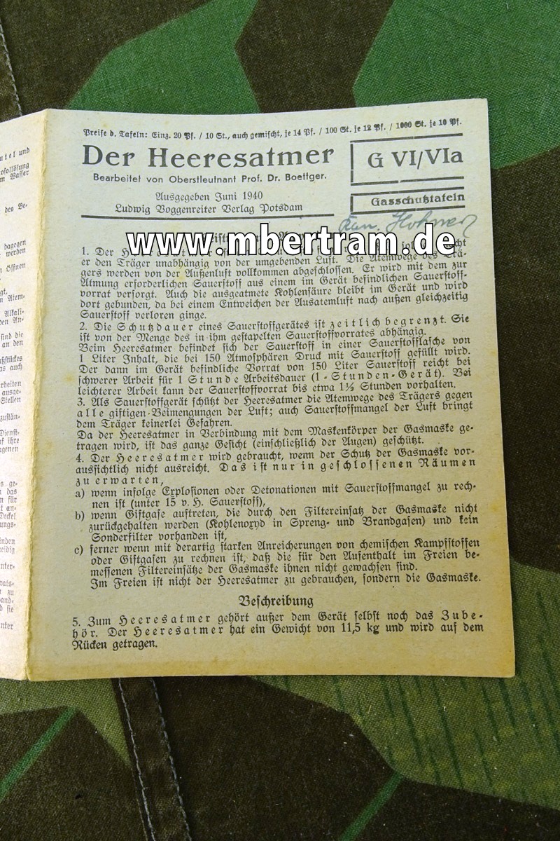 GVI / VI a Gasschutztafeln, Der Heeresatmer, 1940