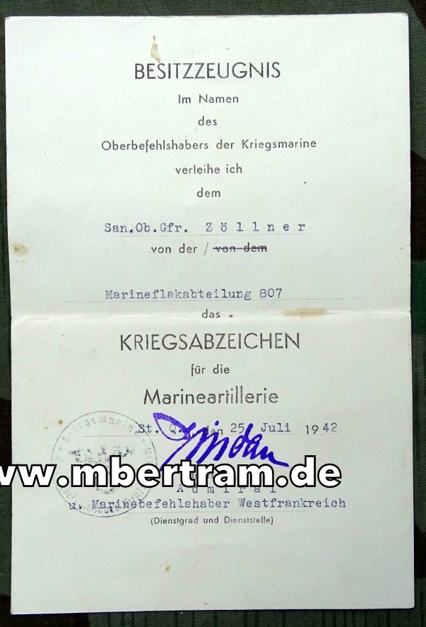Besitzzeugnis Kriegsabzeichen für die Marineartillerie, Marineflakabteilung 807
