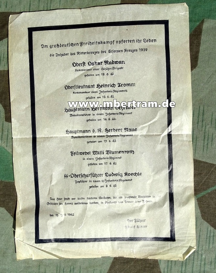 Din A 4 Aushangplakat, 6 gefallene Ritterkreuzträger 15.07.1942