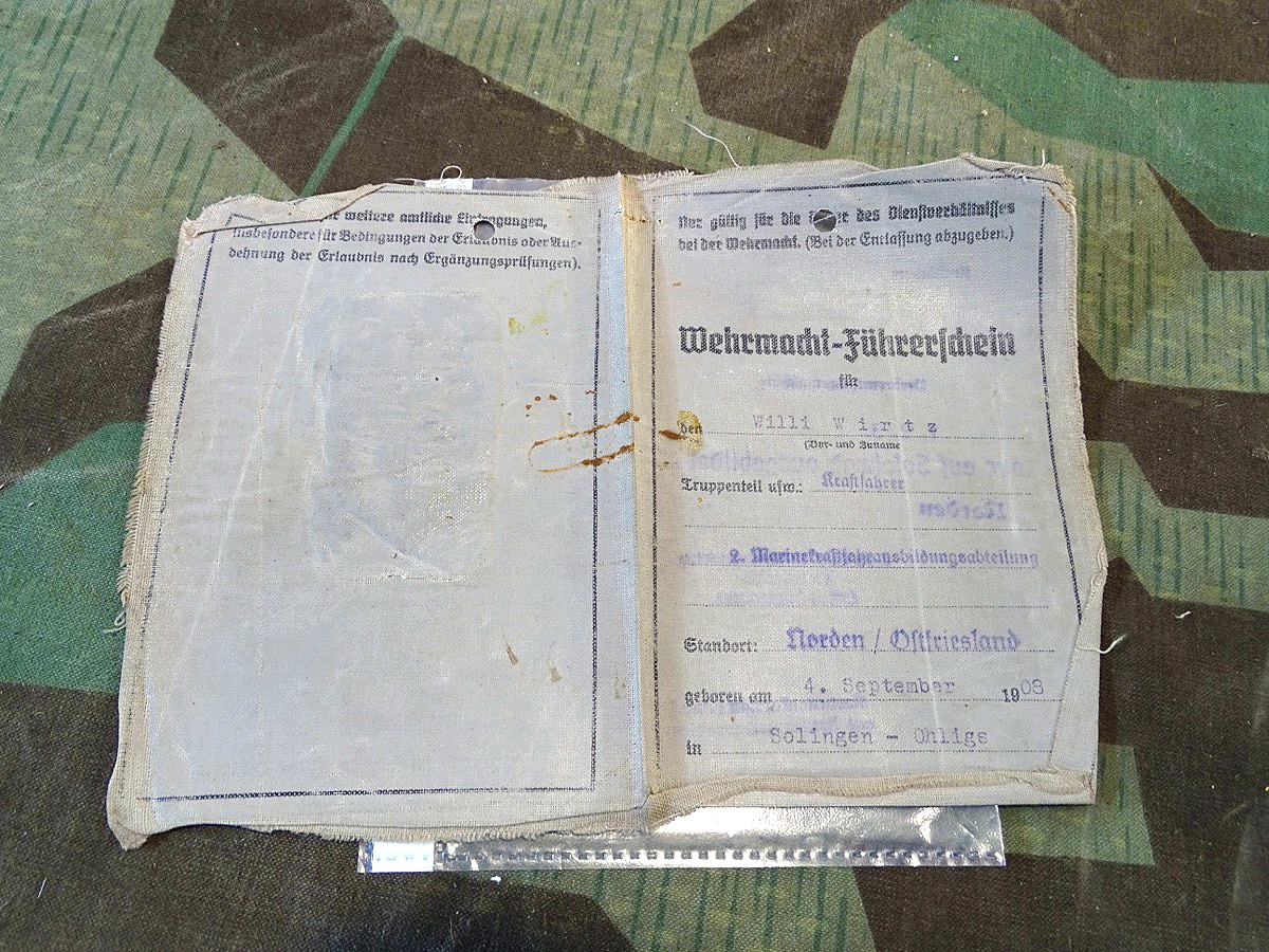 Kriegsmarine Führerschein, W.Wirtz, 2. Marinerkraftfahr Ausb. Abt.,  Norden Ostfriesland 1942