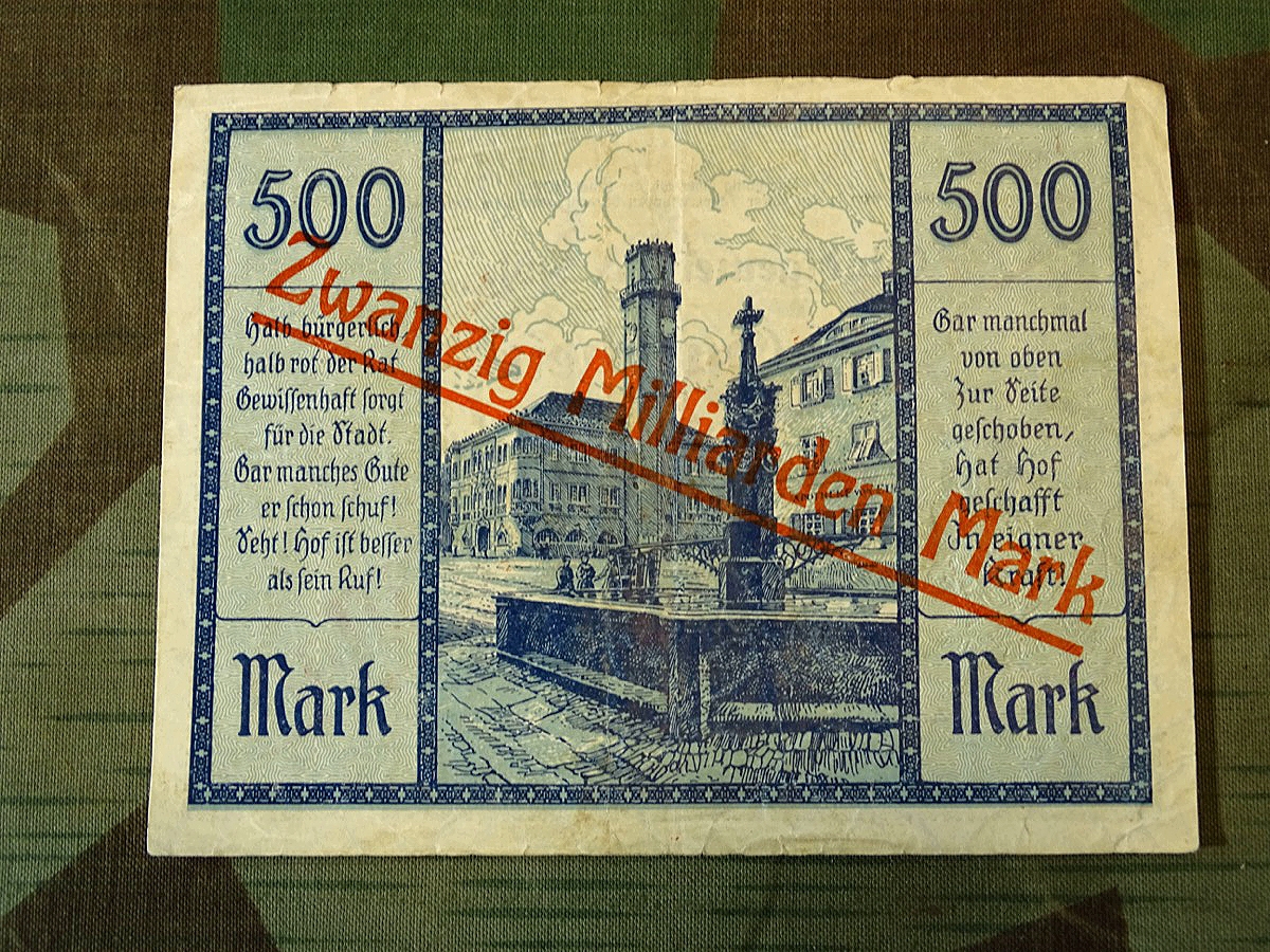 Stadtgemeinde Hof,  Kleine Auflage, kurz gedruckt. 20 Miliarden Reichsmark,  überdruckter 500 Mark Schein,  Inflationszeit... 