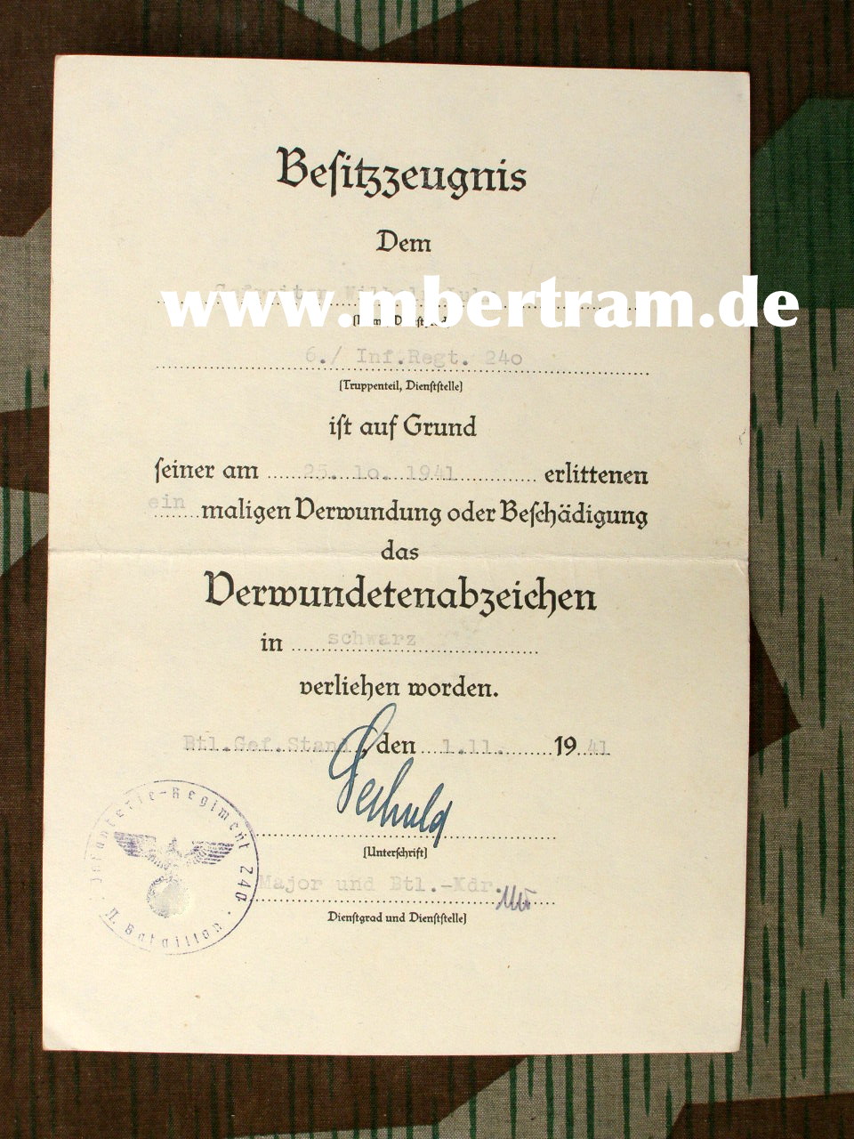 Urkunden: 6.Inf.Rgt 240: Schutzwall.,ISA, EK2, Verw.Abz., Ostm.