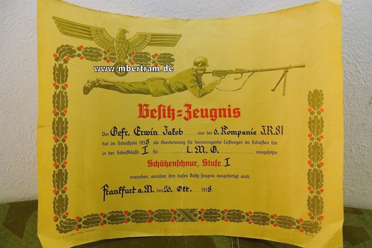 Wehrmacht Besitz Zeugnis für die Schützenschnur 1. Stufe für MG