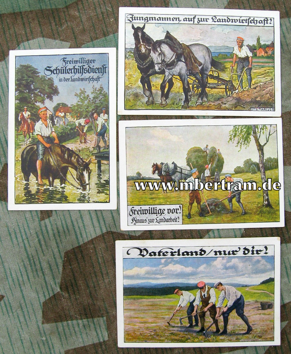 4 Postkarten, freiwilliger Schüler Hilfsdienst in der Landwirtschaft, 1917