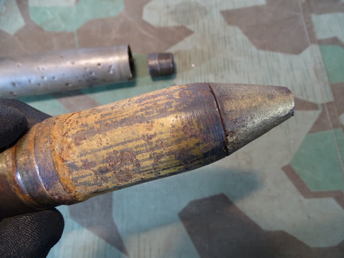 3,7 cm Flak Deko Spreng Patrone, Eisenhülse, Geschoss mit Resten v. Originalfarbe, Leuchtspurhülse