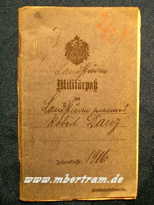Landsturm Militärpass 1916. Inf.Btl.Düsseldorf 7/48.