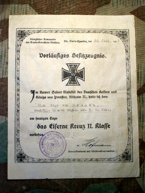EK 2 Urkunde 1913, Westf. Ulan. Rgt Nr.5, 1. Esk.