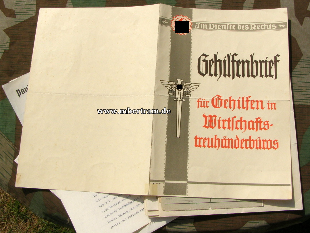 11382-2 Gehilfenbrief Wirtschafts-Treuhänderbüros 1943, Papiere....