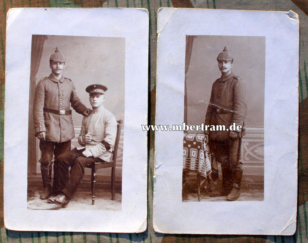 2 Fotos Infanterist 1. WK, Pickelhaubenüberzug. Rgt. Nr. 16