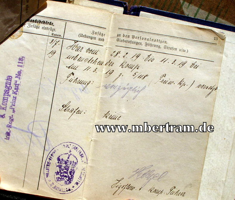 12447-25 Dokumente: Hilfs Hoboist, 6. Würtemb.Inf. Rgt. No. 124