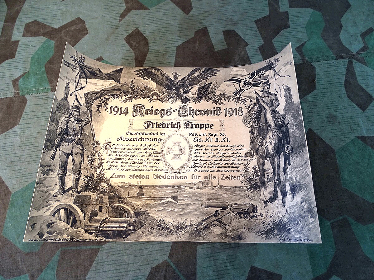 Kriegs Chronik 1914-18 des Vizefeldwebels Friedrich T. Res. Inf. Rgt. 55, Eisernes Kreuz 2. Klasse