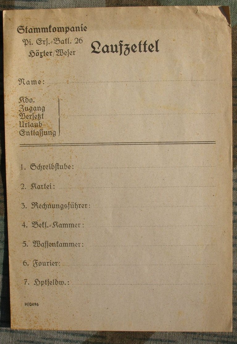 Laufzettel Stammkp. Pionier Ers. Batl. 26 Höxter / Weser