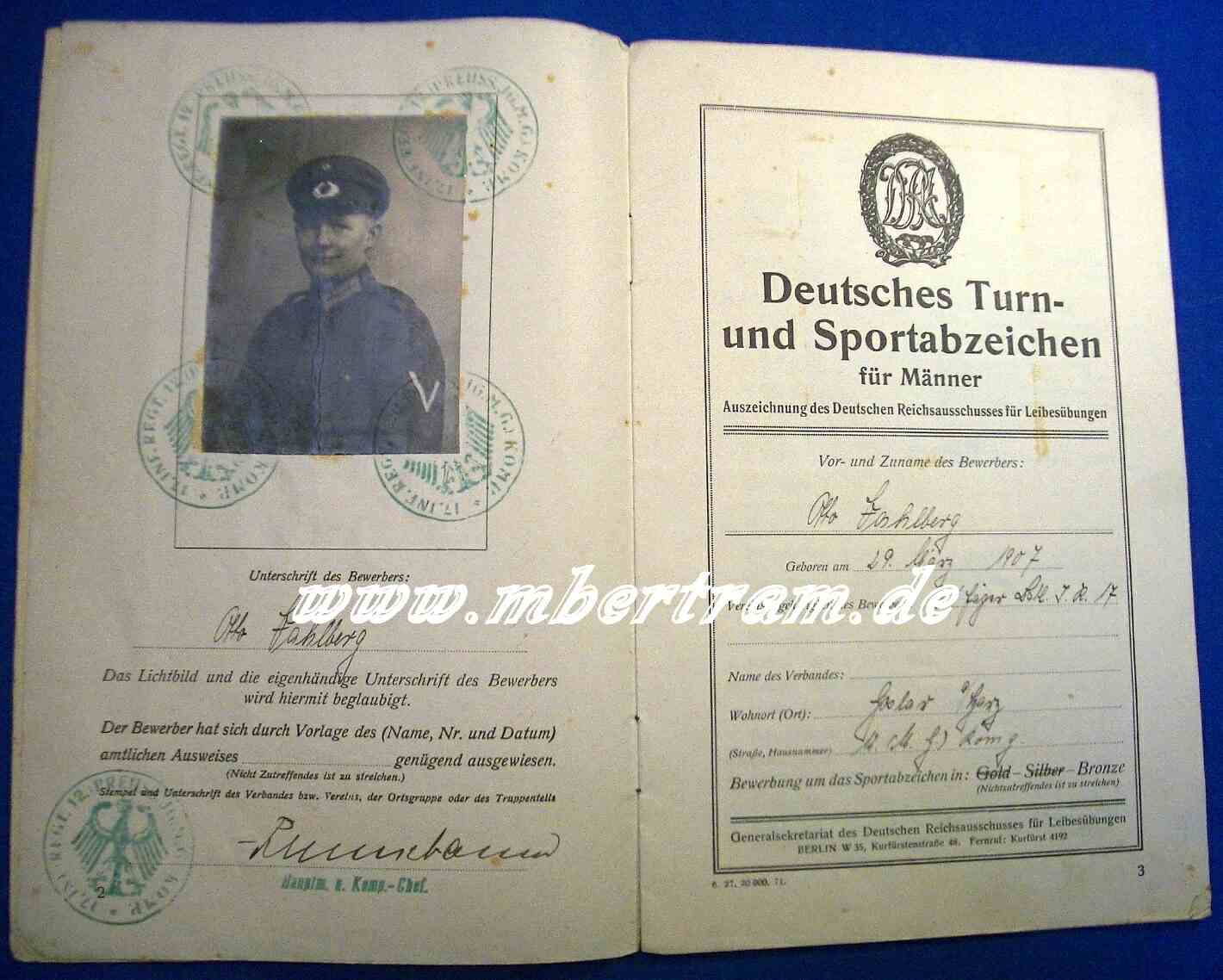 Urkunde Deutsches Turn u. Sportabzeichen, Männer, Bronze