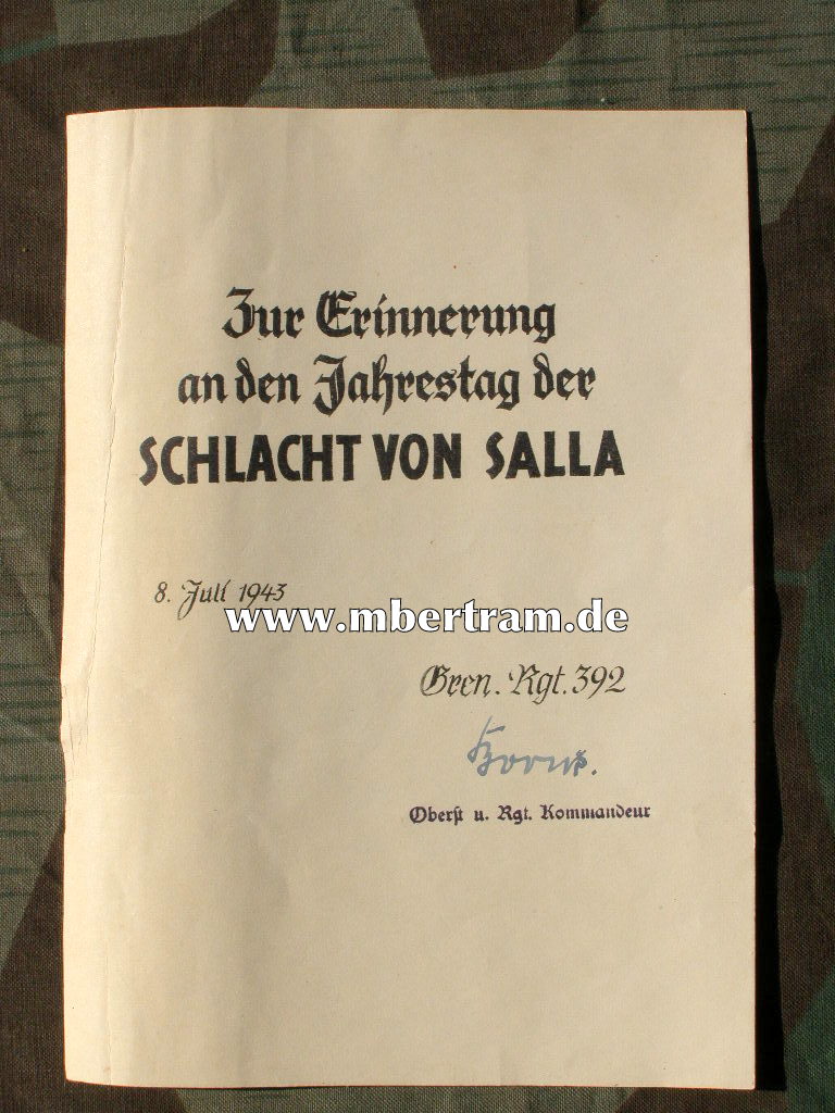 Urkunde Jahrestag Schlacht von Salla 1943, Gren. Rgt. 392
