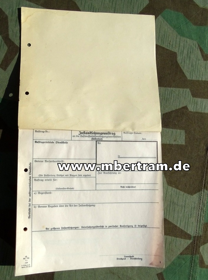 Kompletter Blanko Formularblock Luftwaffeninstandsetzungswerkstätten von 1939
