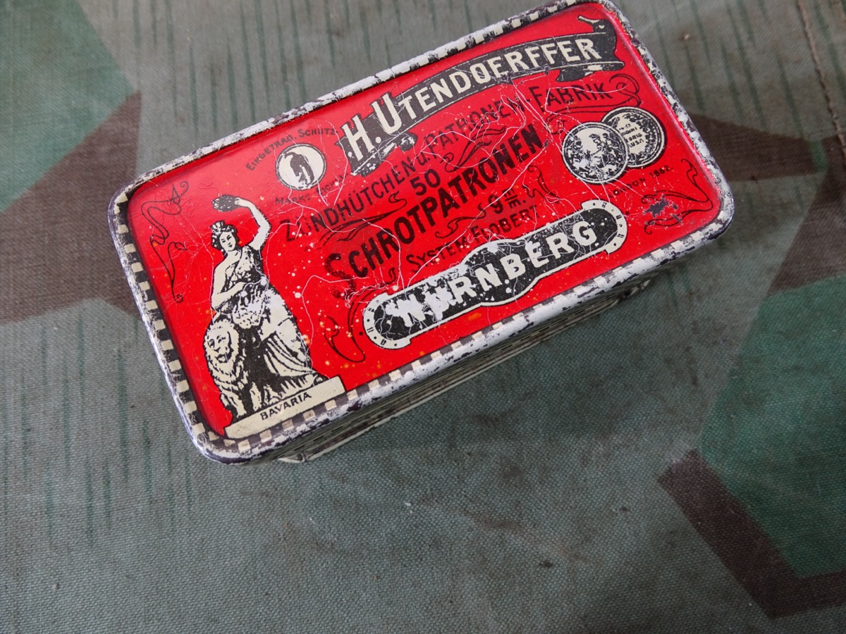 Historische Blechdose für 50 Stück 9 mm Flobert Schrotpatronen, Fa. H.Utendoerffer Nürnberg