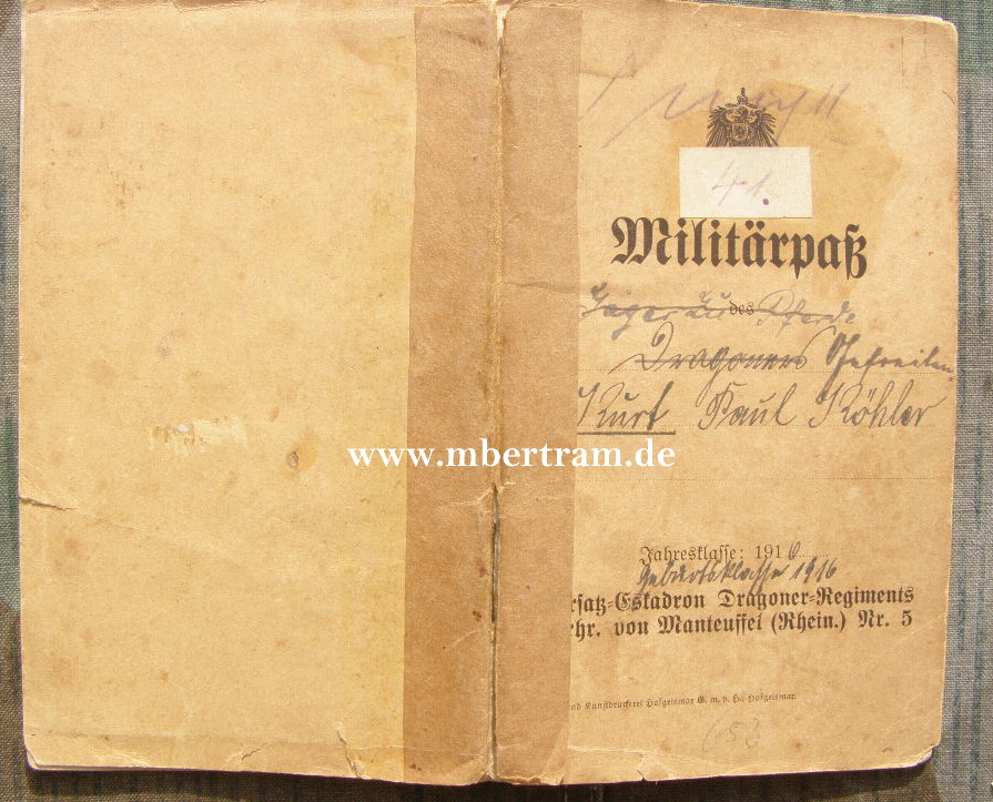 Militärpass Esk. Dragoner-Rgt.Frh.v.Manteufel, Rhein.Nr. 5