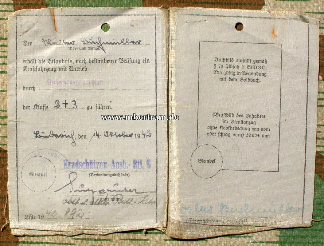 WH Führerschein, 1. Pz. Jg. Kp. Kradschützen Ausb. Btl. 6