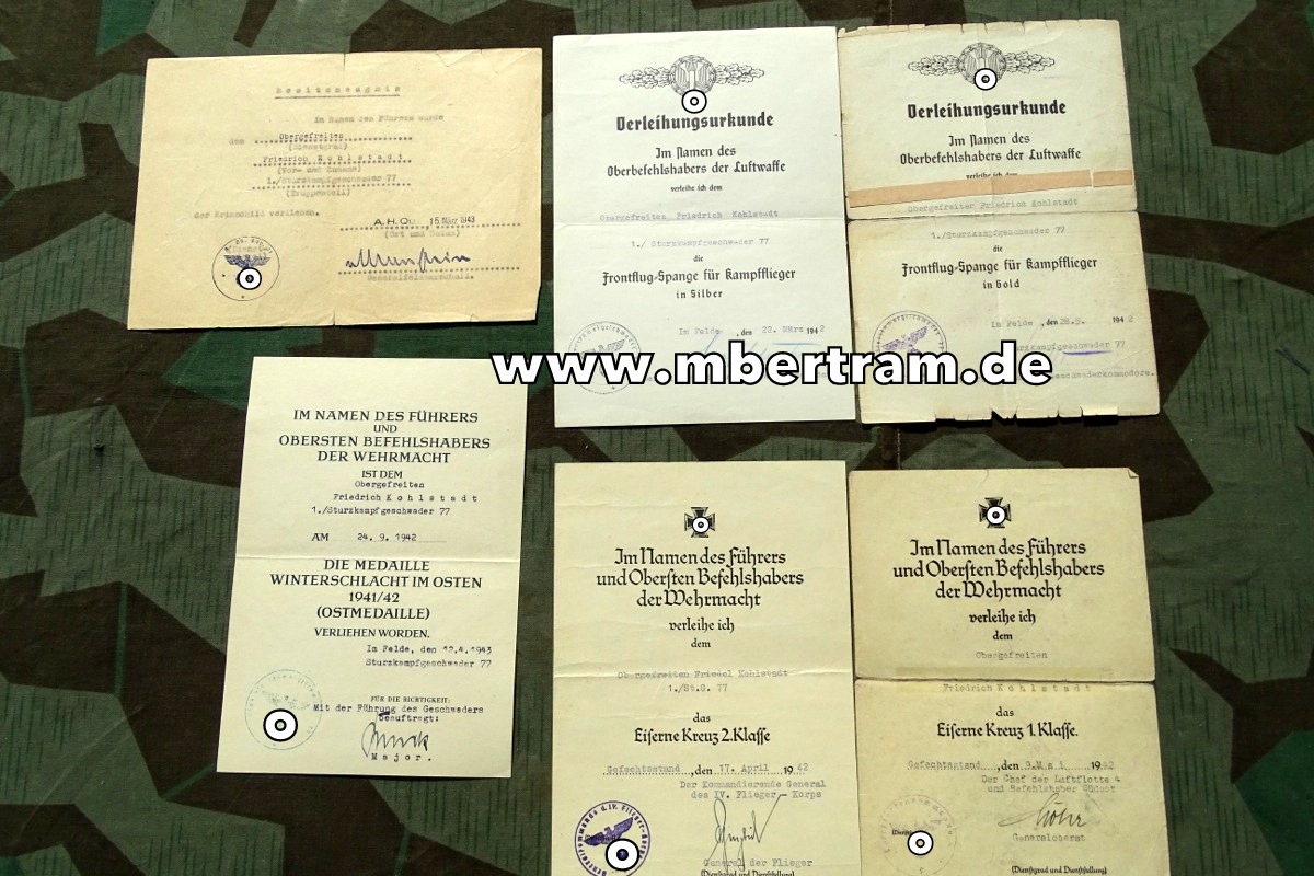 Urkunden 1.Stuka Geschwader 77, Front Fl.Sp.Kpf.Fl. Gold, silber, EK1, EK2, Krimsch.