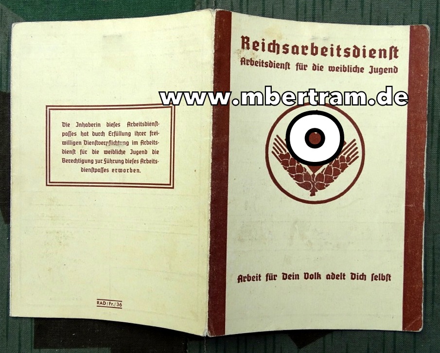 Ausweis Reichsarbeitsdienst für die weibliche Jugend 1937