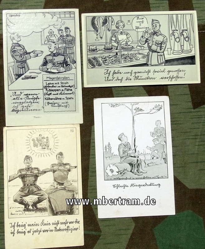4 humorvolle Postkarten mit Cartoons der Wehrmacht