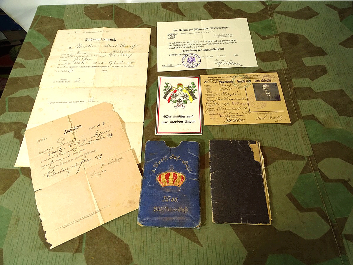 Militärpass Westf. Inf. Rgt. No 53, Militärpasshülle, Ausweiskarte, Urkunde Ehrenkreuz f. Frontkämpfer etc.