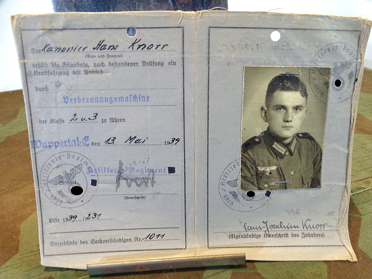 WH Führerschein Kanonier Hans K. Artillerie Rgt. 76? Wpt. 1939. Kl. 2,3
