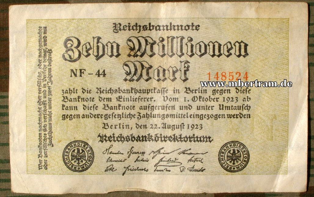 Reichsbanknote 10 Millionen Mark, Originalschein 20er Jahre