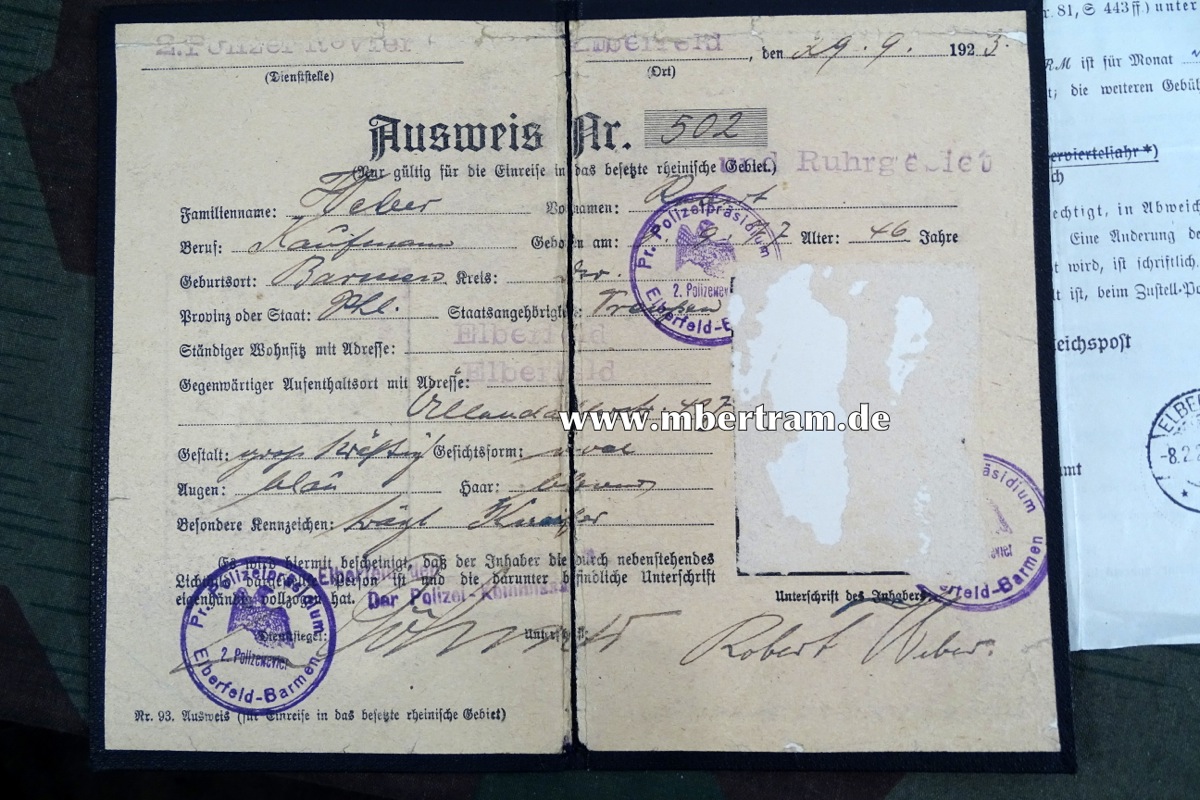14726-2 Jagdschein 1918 Lt. Landwehr II, Landsturm Inf. Btl. Barmen, Waffenpass Hessen