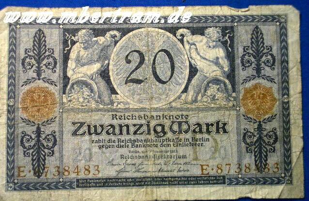 Reichsbanknote 20 Mark, kunstvoller Originalschein vor 1918