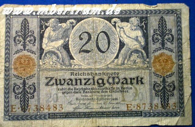 Reichsbanknote 20 Mark, kunstvoller Originalschein vor 1918