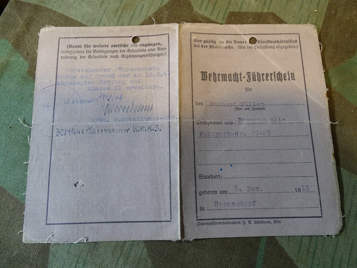 Wehrmacht  Führerschein 1940, H.Müller aus Hermesdorf, Panzerjägerabt. 211