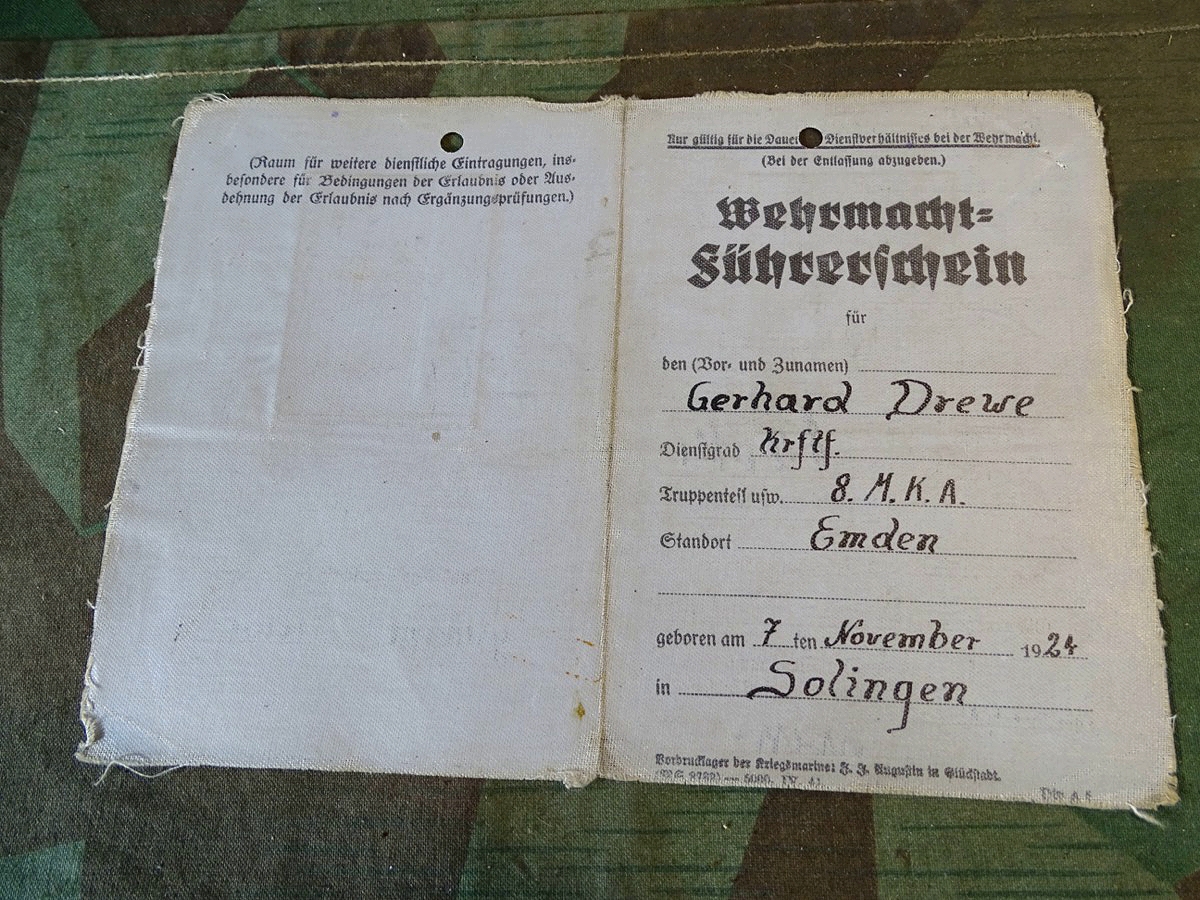 Kriegsmarine Führerschein Kraftfahrer G.Drewe, 8. M.K.A Emden, Solokrad, Beiwagenkrad