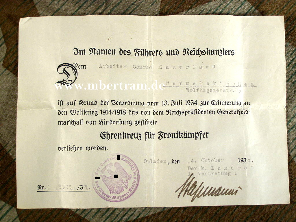Urkunde Ehrenkreuz für Frontkämpfer 1935, Opladen