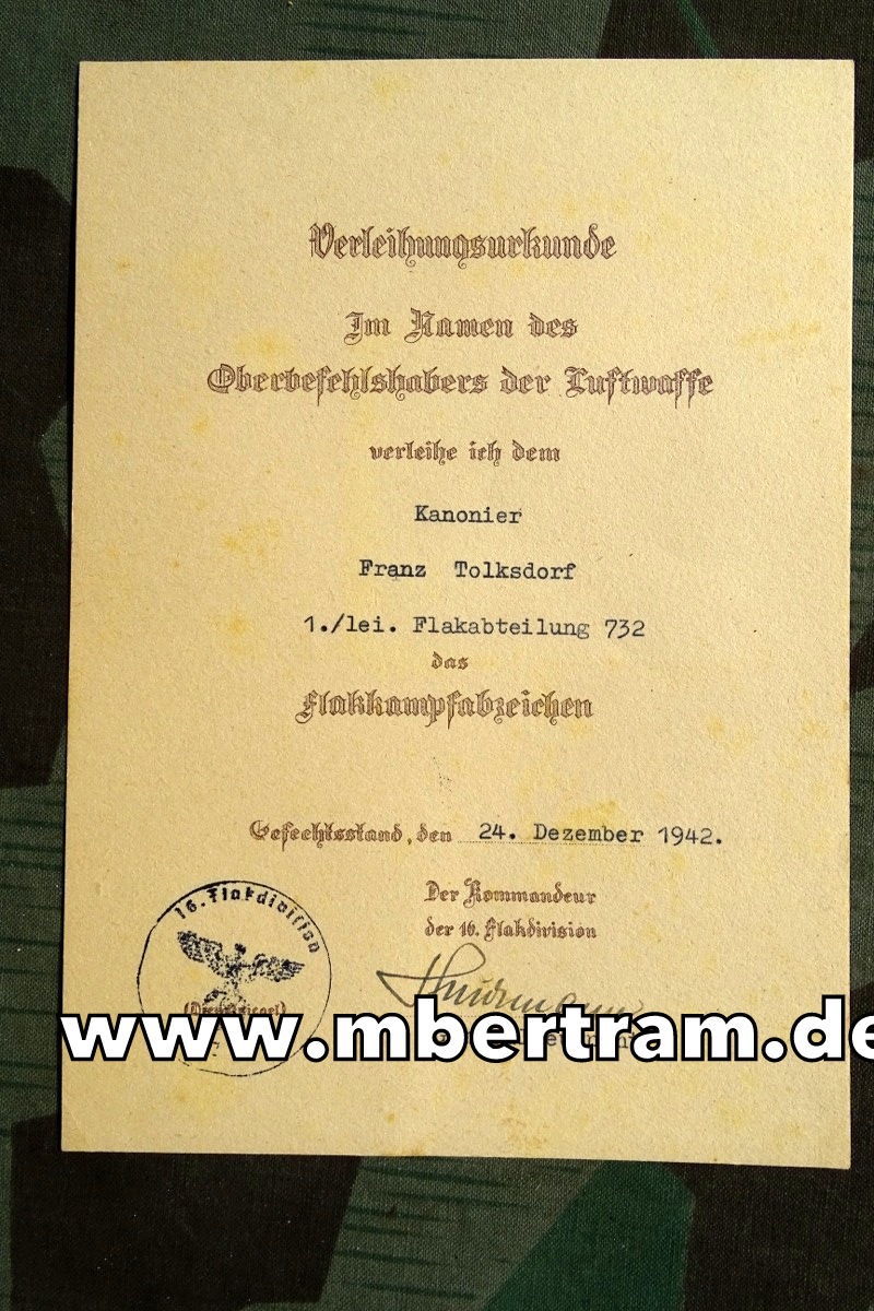 Urkunde: Flakkampfabzeichen der Luftwaffe 1. l. Flak Abt. 732, Fritz T. 1942