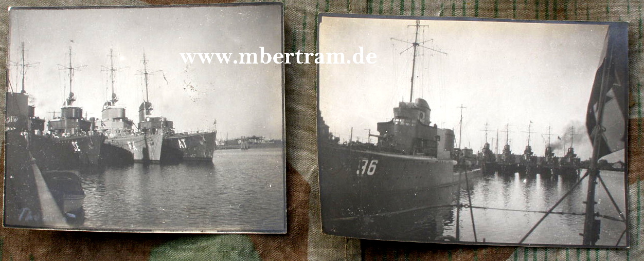 2 Fotos deutscher Torpedoboote im Hafen um 1940