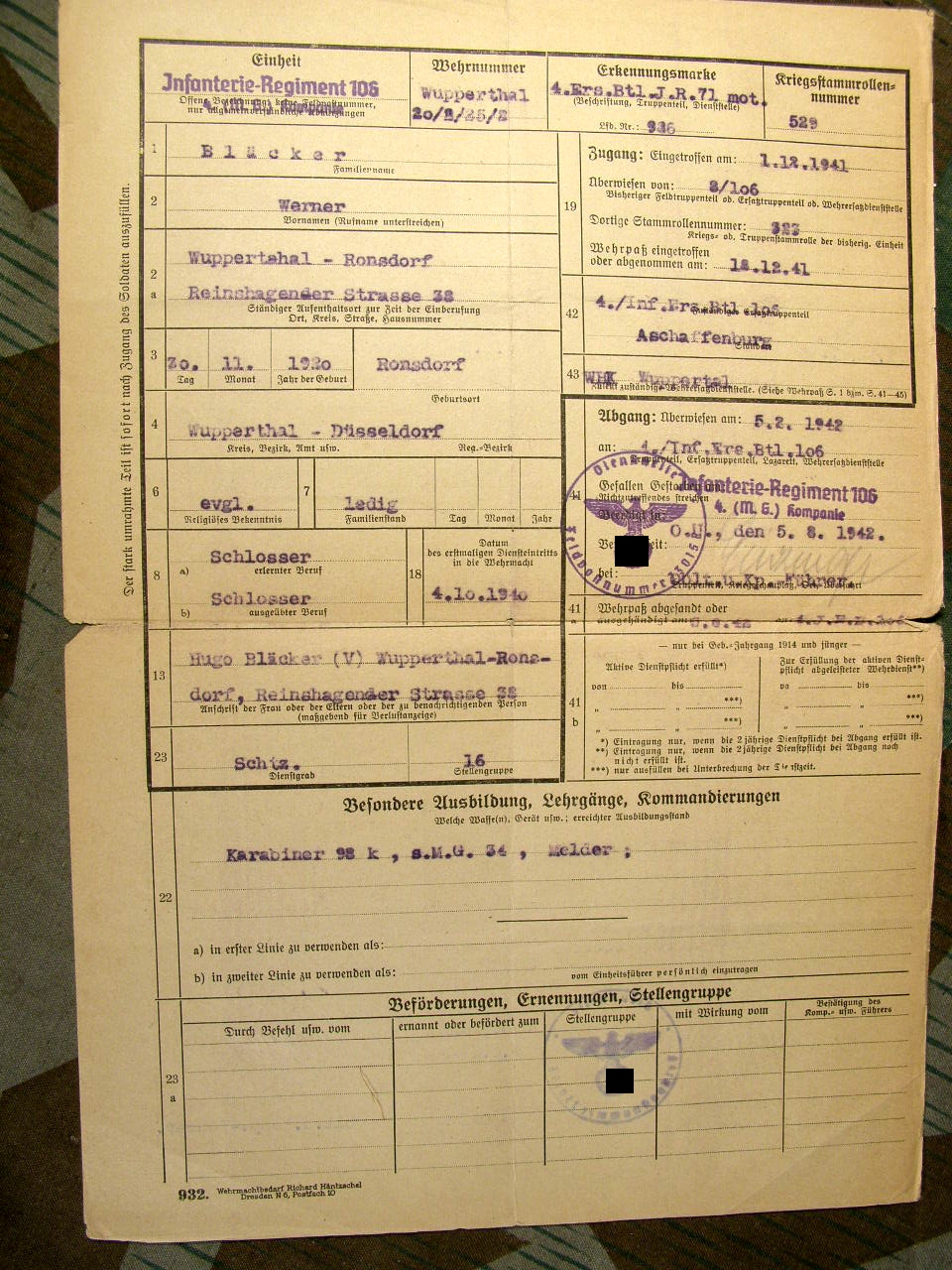 624-25 Wehrstammbuch Nahkpf Ausbildung, Pz.Vern.abz.,EK2, NkSp.