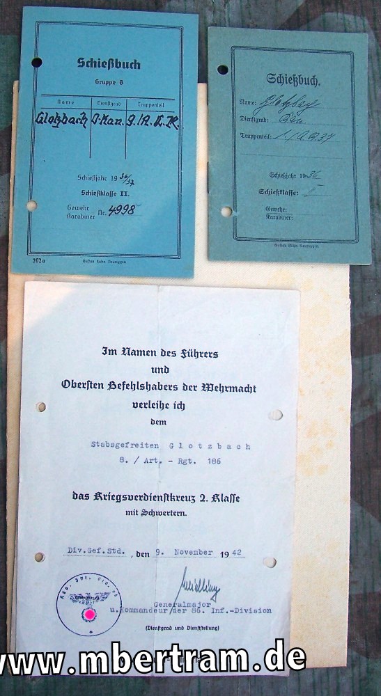 Urkundenduo und Schießbücher eines Stabsgefreiten im"8./Art.Rgt.