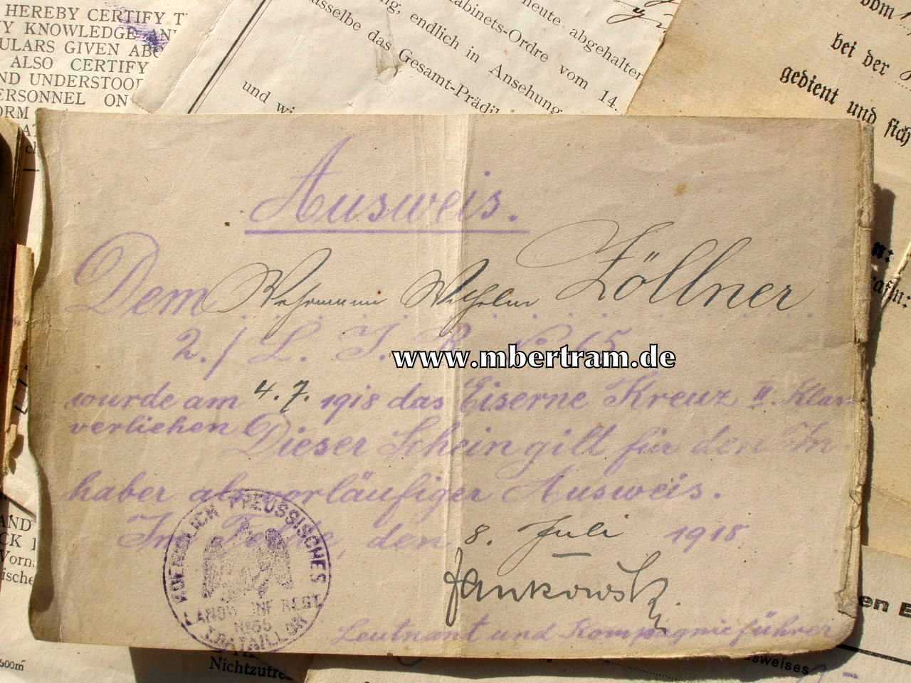 12439-2 Dokumente: 8.Kp. Inf.Rgt.Graf Barfuß ( 4. Westf.) Nr. 17