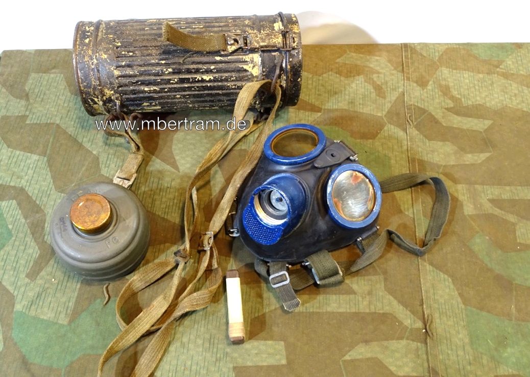 Gasmaskendose mit lehmgelber Farbe, Maske, Filter, Losantin