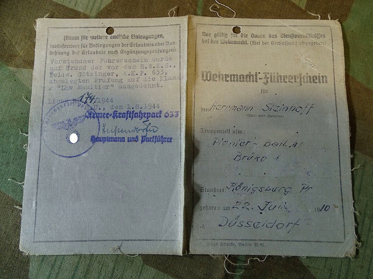 Wehrmacht Führerschein, H.Steinhoff, Düsseldorf, Pionier Btl. 41 Brücken Komp.1, Königsberg, Zugkraftwagen, Maultier