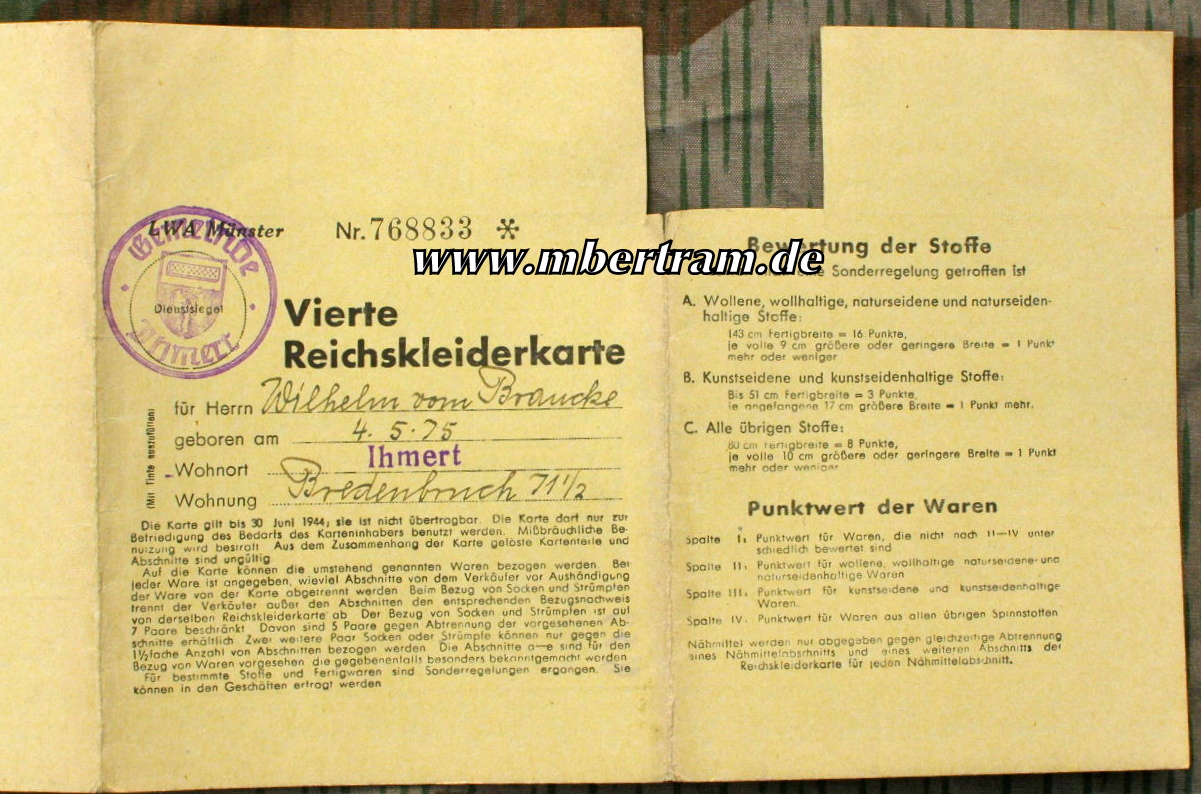 Vierte Reichskleiderkarte vom 1.3.1944, fast vollständig