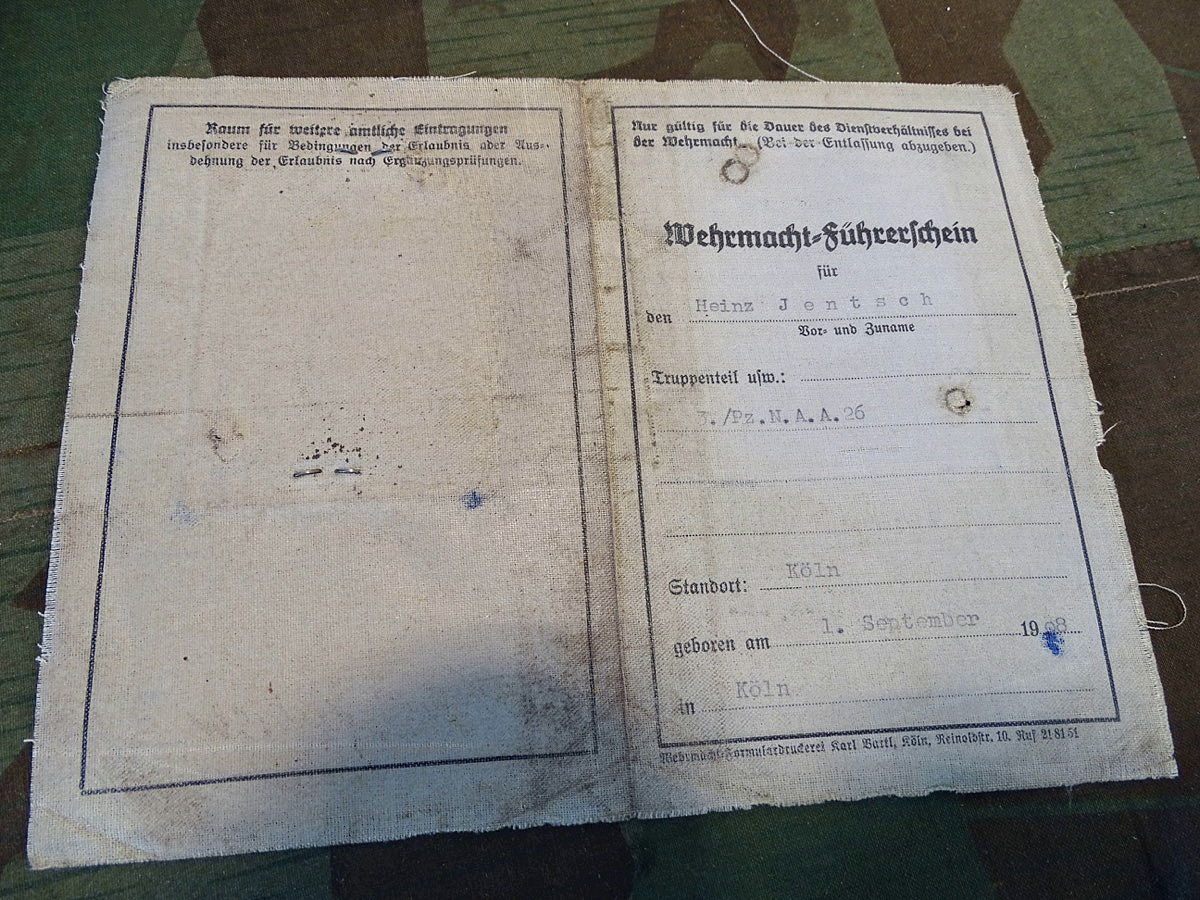 Wehrmacht Führerschein Heinz J. 3. Panzer  Nachrichten Ausb. Abt. 26, Klasse 2