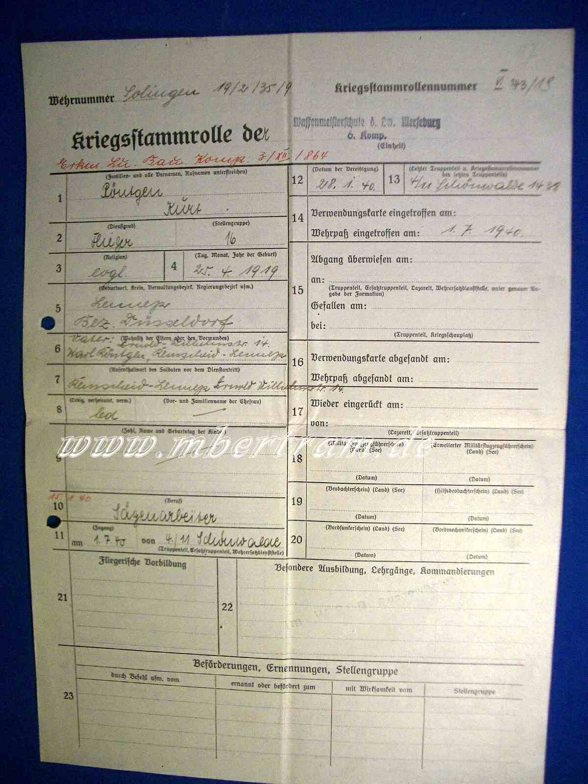 1310-11 8. LW Felddivision Wehrstammbuch 98K, P08, MG 17,15, 42