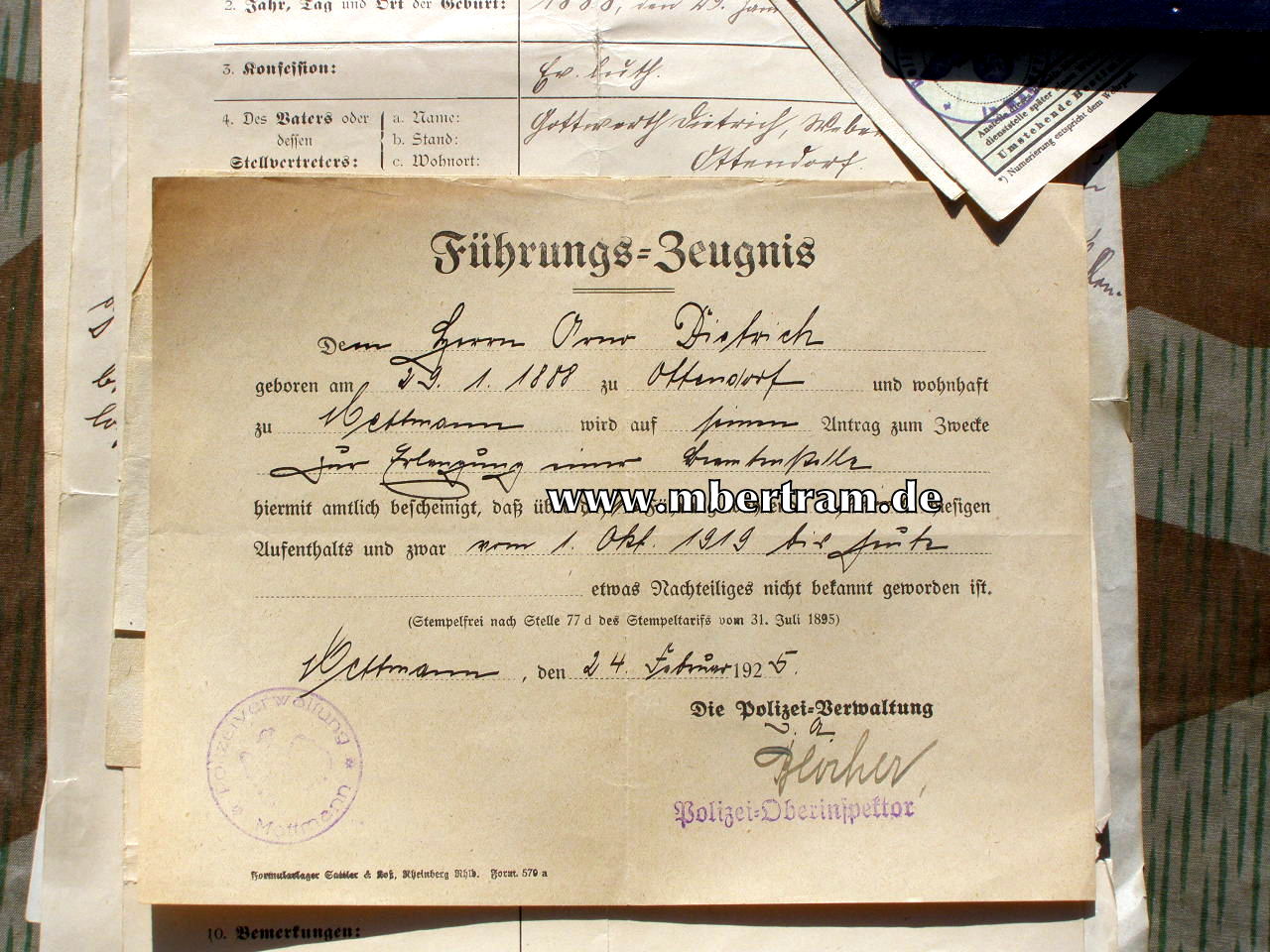 12447-9 Dokumente: Hilfs Hoboist, 6. Würtemb.Inf. Rgt. No. 124