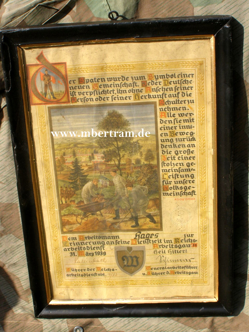 Erinnerungsurkunde RAD Arbeitsgau W, Stab 4/73, 1939