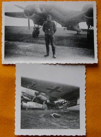 2 Fotos: Luftwaffensoldat mit 2 verunglückten Heinkel 111