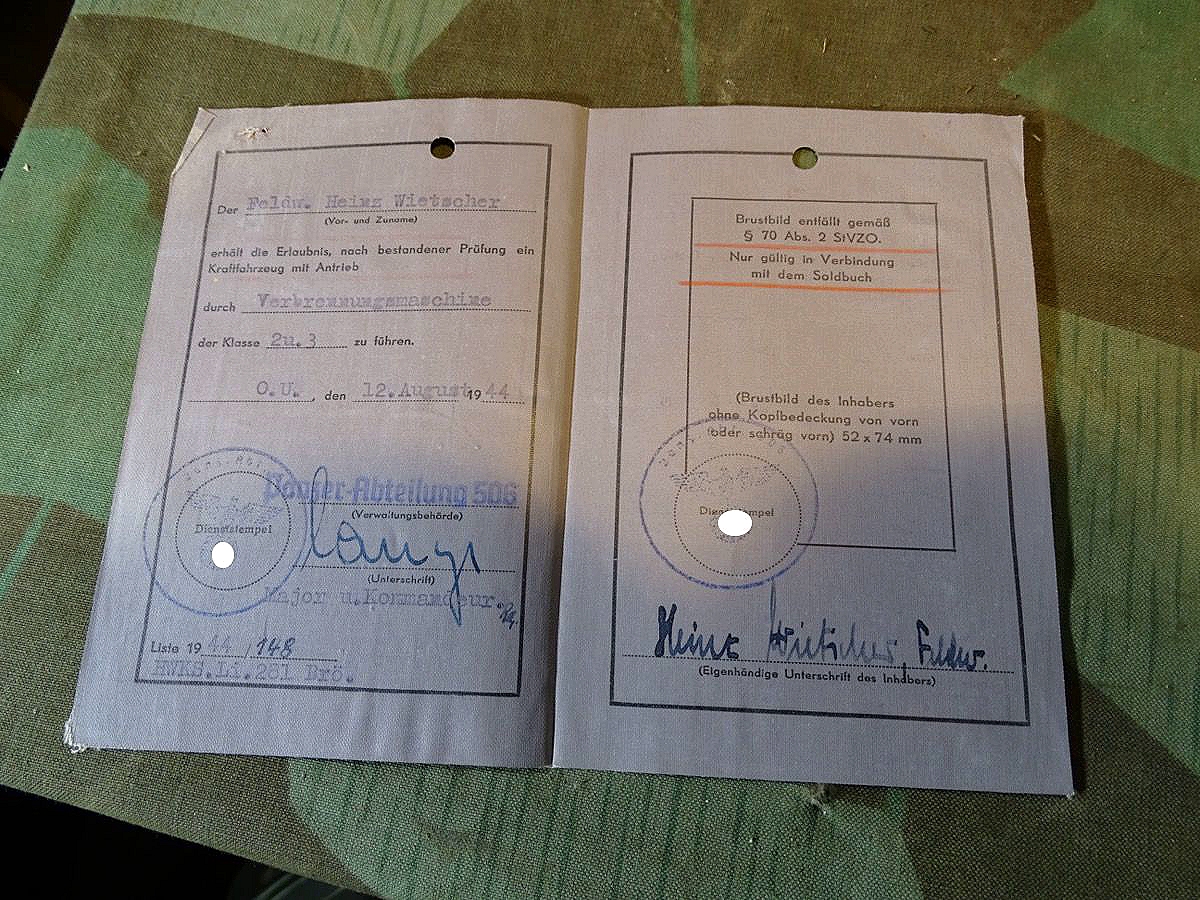 Wehrmacht Führerschein 1944,  Feldw. H.Wietscher aus SG, Panzer Abt. 506