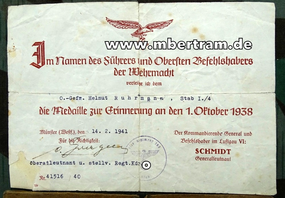 Urkunde für die Medaille zur Erinnerung an den 1. Oktober 1938, Luftwaffe