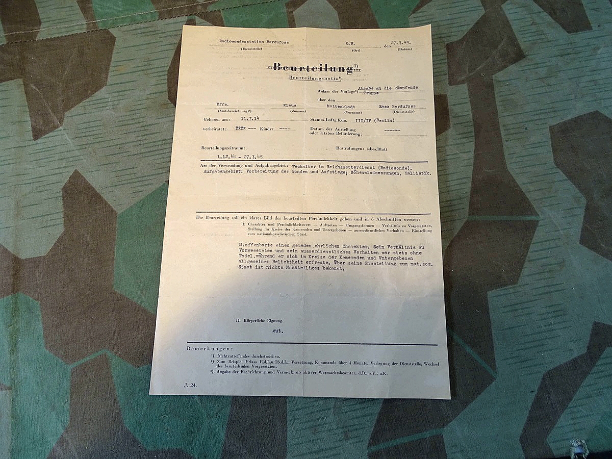 Wehrmachts Beurteilungsschreiben für einen Luftwaffen Unteroffizier, Reichswetterdienst, Ballistiker, März 1945!!